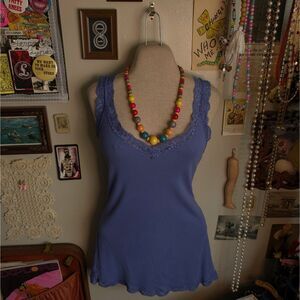 Y2K Lace Tank Top Women's 2XL Blue Purple Solid Ribbed Fitted